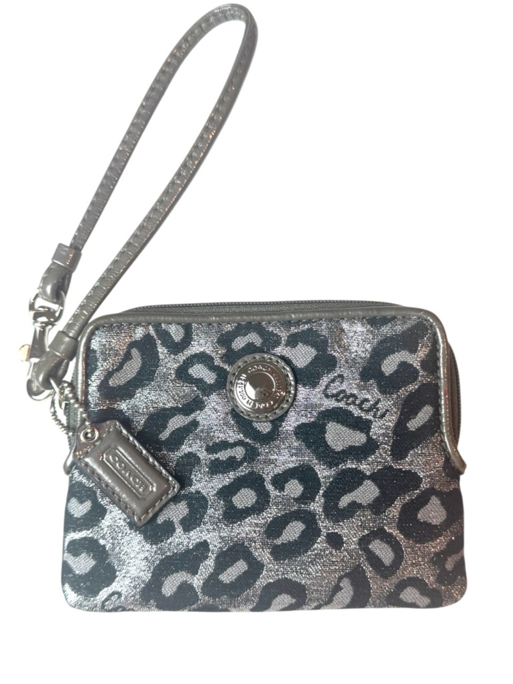 Coach Metallic Silver Leopard Print Wristlet Wallet